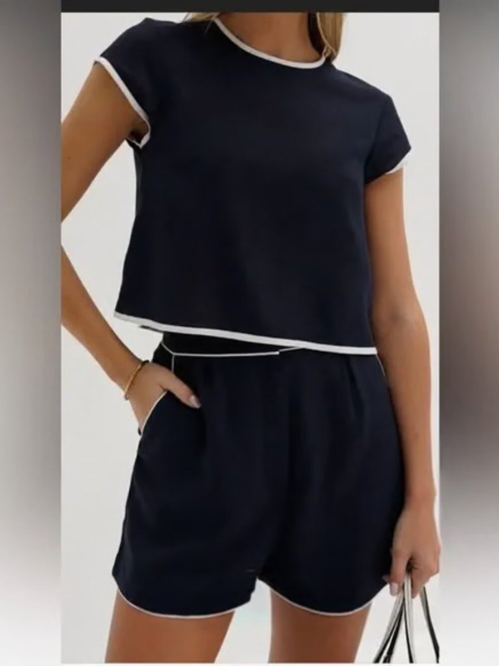 Navy & White Contrast Trim Two-Piece Shorts Set